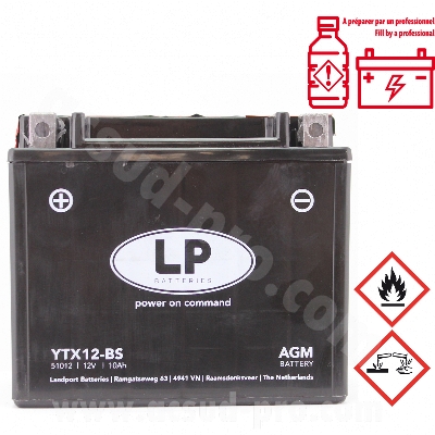 BATTERIE LANDPORT LTX12-BS 12V 10Ah SANS ENTRETIEN AGM (PIAGGIO BEVERLY/LIBERTY/X10 125cc) (EQUIVALENT YTX12-BS)  