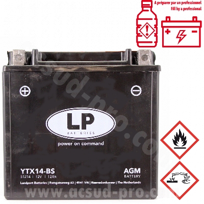 BATTERIE LANDPORT LTX14-BS 12V 12Ah  SANS ENTRETIEN AGM (PIAGGIO MP3 400-500cc / VESPA GTS 300CC) (EQUIVALENT YTX14-BS)