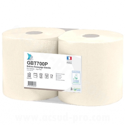 LOT DE 2 BOBINES PAPAIER ESSUIE-MAIN BLANC 2 PLIS GAUFRES / COLLES  ( 20 X 25CM / 1000 FEUILLES ROULEAU )   ( VENDU PAR 2 PCS )