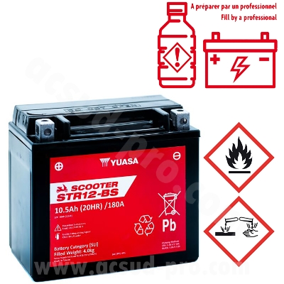 BATTERY YUASA STR12-BS 12V-10.5Ah PIAGGIO 125 BEVERLY, LIBERTY, X7, X9, X-EVO, 300 BEVERLY, X7 / APRILIA 300 SR-MAX, 400-500 ATLANTIC, 1000 RSV, TUONO, 750 SHIVER / GILERA 125-300 NEXUS  