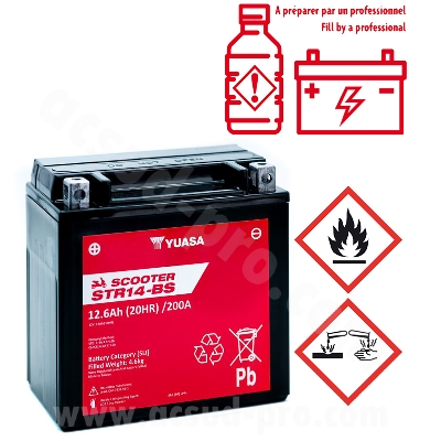 BATTERIE YUASA STR14-BS 12V12.6 Ah MF SANS ENTRETIEN LIVREE AVEC PACK ACIDE ( PIAGGIO 125-250-300-400-500 MP3 / 250-400 X-EVO / GILERA 125-250-300 NEXUS / 800 GP / APRILIA 125 SR-MAX / 750-1200 DORSODURO.)