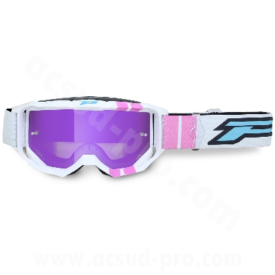 MASQUE / LUNETTES CROSS MOTO PROGRIP 3300 FL VISION GO MULTILAYERED BLANC/ROSE ECRAN MIROIR VIOLET ANTI-RAYURES/ANTI U.V./ANTI-BUEE (HOMOLOGUE CE-EN-N- AC-96025 REV.2)