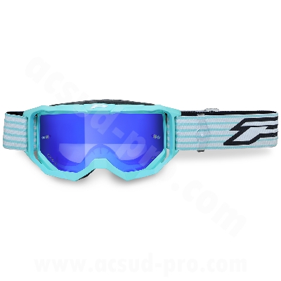 MASQUE / LUNETTES CROSS MOTO PROGRIP 3300 FL VISION GO MULTILAYERED  VERT D'EAU ECRAN MIROIR BLEU ANTI-RAYURES/ANTI U.V./ANTI-BUEE (HOMOLOGUE CE-EN-N- AC-96025 REV.2)