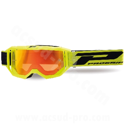 MASQUE / LUNETTES CROSS MOTO PROGRIP 3300 FL VISION GO MULTILAYERED  JAUNE FLUO MAT ECRAN MIROIR ROUGE ANTI-RAYURES/ANTI U.V./ANTI-BUEE (HOMOLOGUE CE-EN-N- AC-96025 REV.2)
