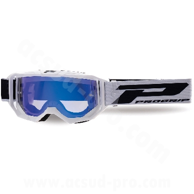 MASQUE / LUNETTES CROSS MOTO PROGRIP 3300 FL VISION GO MULTILAYERED BLANC MAT ECRAN MIROIR BLEU ANTI-RAYURES/ANTI U.V./ANTI-BUEE (HOMOLOGUE CE-EN-N- AC-96025 REV.2)